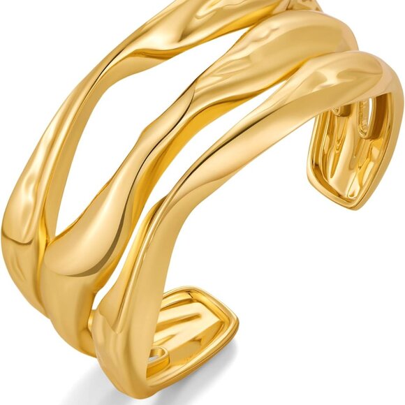 Bold Gold Chunky Cuff Bracelet for Women with Hammered Finish, Adjustable Irregu - Picture 1 of 8